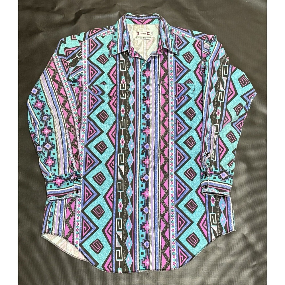 Vintage H Bar C Western Shirt Mens L Pearl Snap Cowboy Aztec Country Rodeo